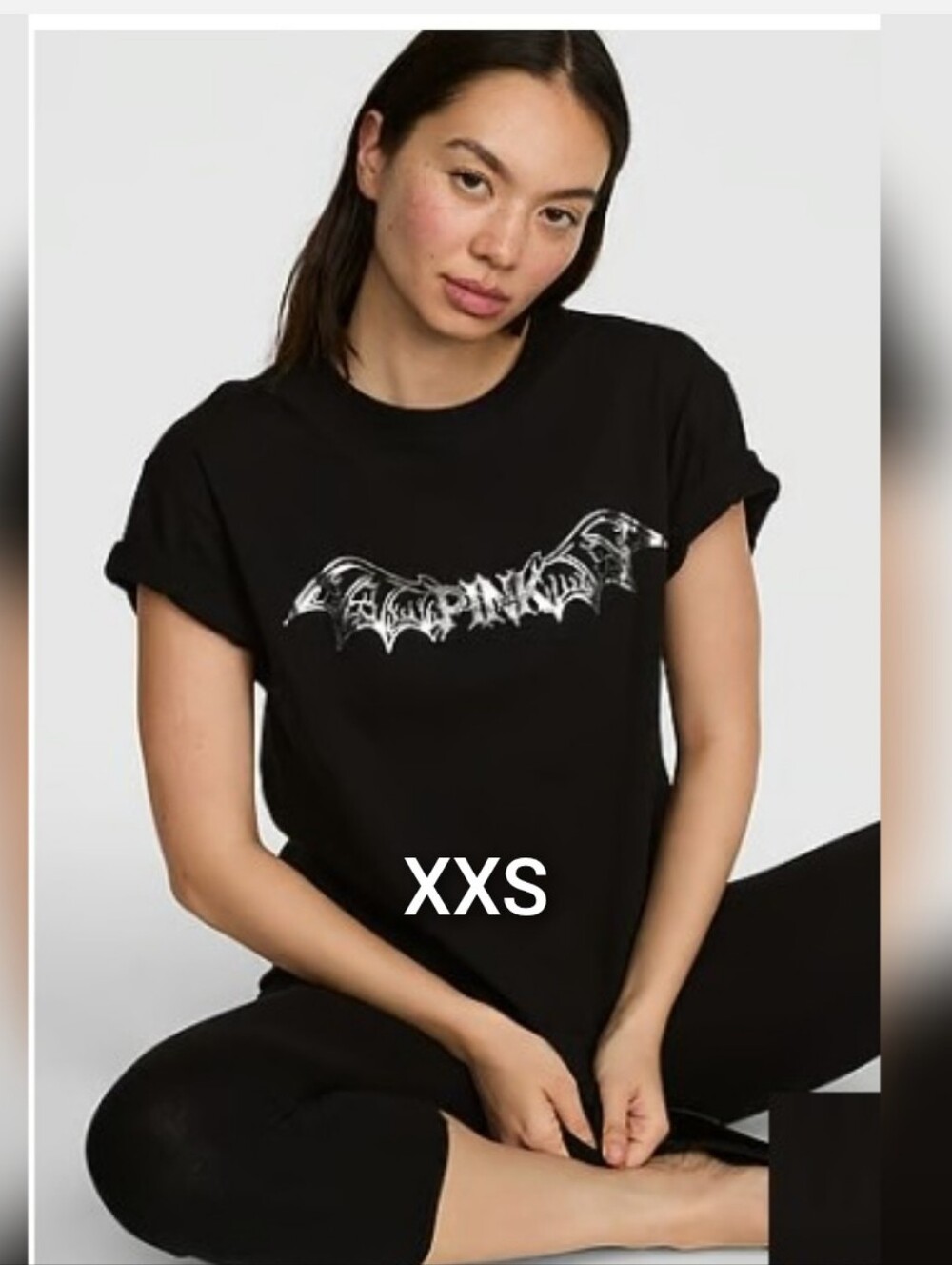SZ XXS VS PINK HALLOWEEN SILVER FOIL BAT WINGS CAMPUS TEE.